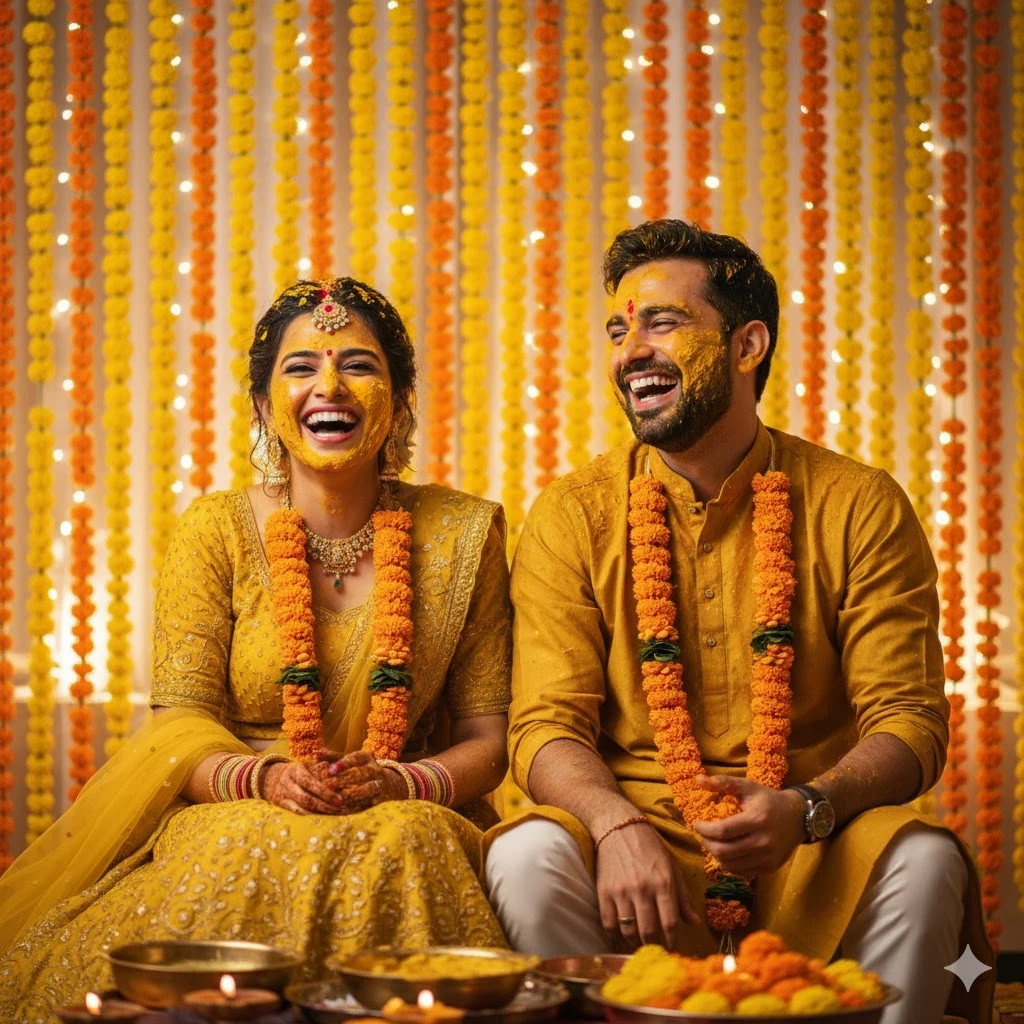 Generate a 4K, ultra-realistic portrait of an Indian couple during a Haldi ceremony, wearing traditional yellow attire, joyful expressions, surrounded by marigold garlands and soft, festive lighting.
