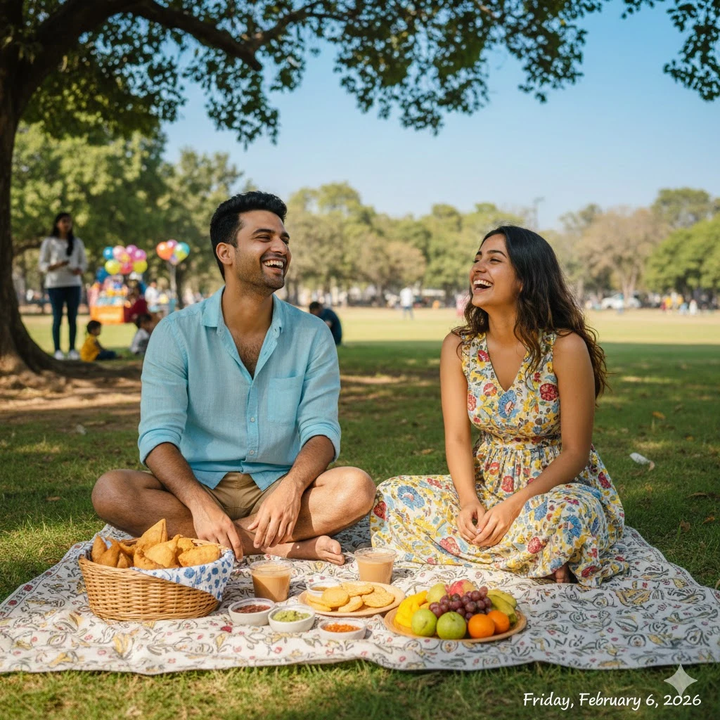 Generate a lively portrait of a couple having a picnic in an Indian park. The man is in casual wear, and the woman wears a summer dress. Capture them sitting on a blanket, laughing, and enjoying snacks.