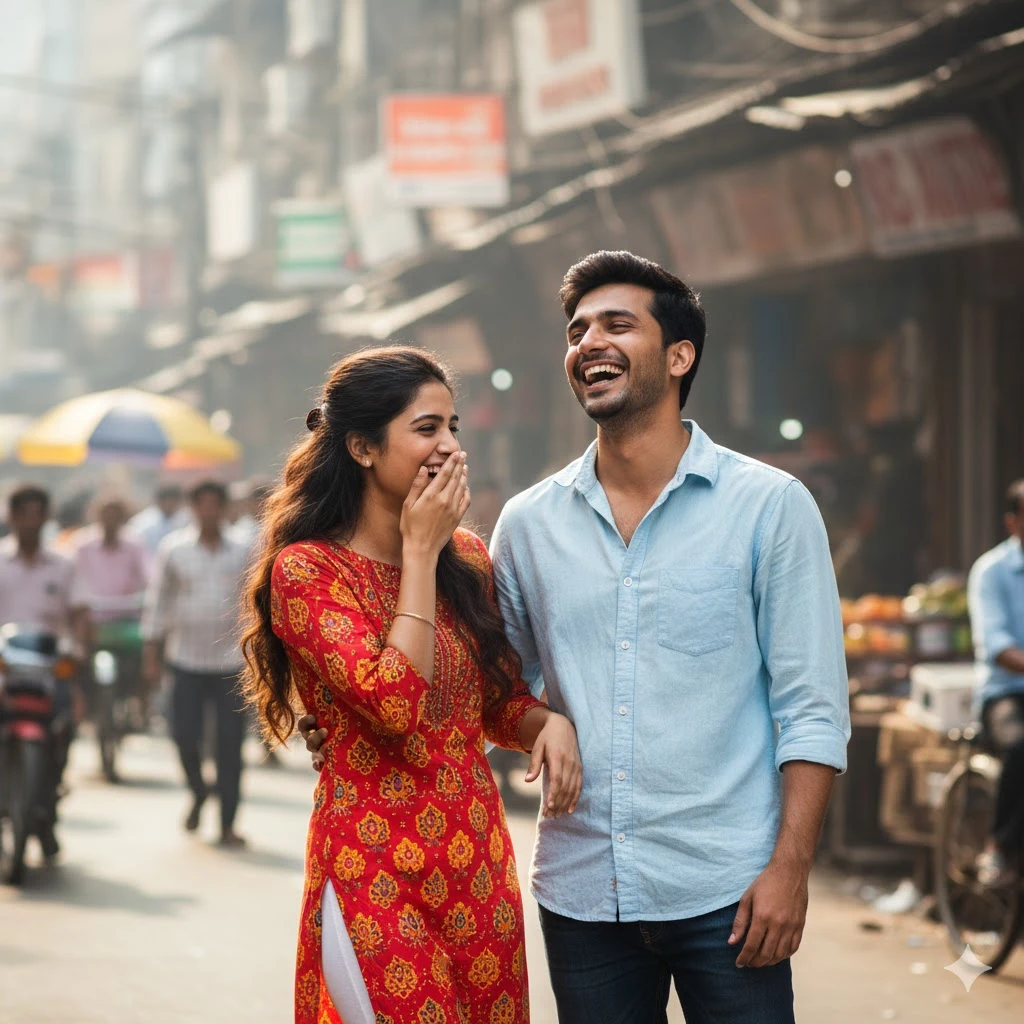 Generate a realistic couple portrait on a lively Indian city street during daytime. The couple is in casual wear, laughing candidly, with soft urban bokeh in the background. High-resolution, natural light.