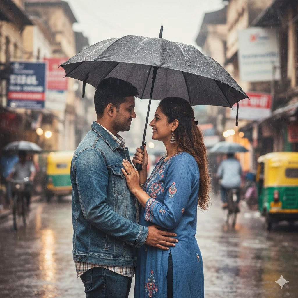 Generate a realistic portrait of a couple under an umbrella during light rain on an Indian street, with soft reflections on the wet pavement. Emphasize emotional connection and a dreamy atmosphere. 4K HD.