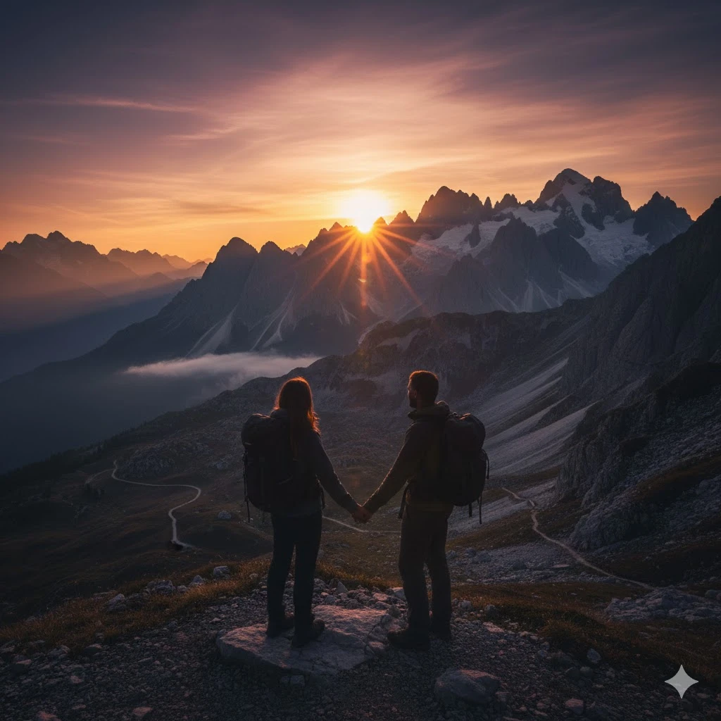 Photorealistic image of a couple silhouetted against a breathtaking mountain sunrise, holding hands, capturing a sense of adventure and awe. Use a wide-angle lens, cinematic colors, 4K.