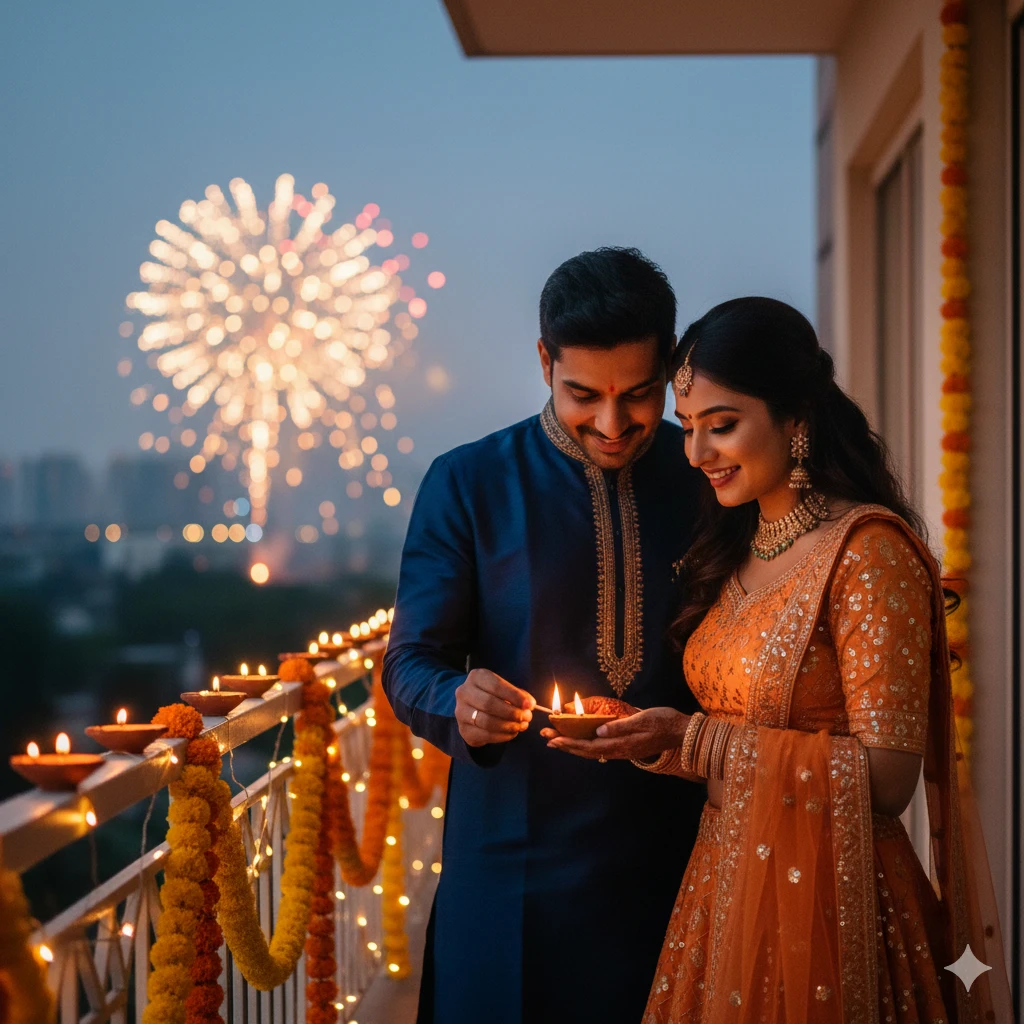 A couple lighting diyas together on a decorated balcony. Traditional clothes, sparkle of fireworks in the distance. Warm candlelight illuminating their faces.