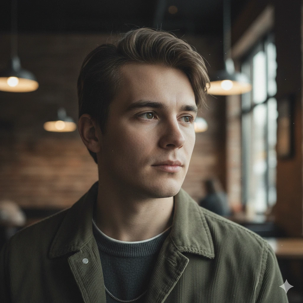 Create a 4K ultra-realistic cinematic portrait of a young man with soft directional lighting, natural skin texture, extensive detail, and stylish casual clothing. Muted cinematic color grading.