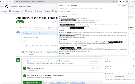 Review Pull Requests on github or Merge Requests on gitlab with Ollama using LLMs ai chrome extension logo