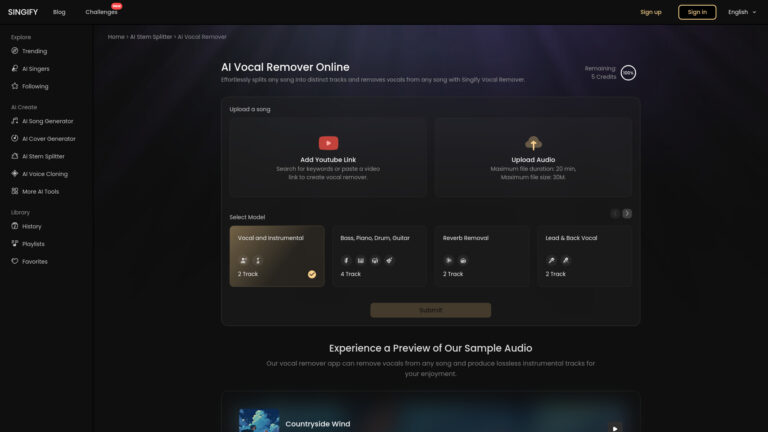 Advanced Singify Vocal Remover AI Tool Review