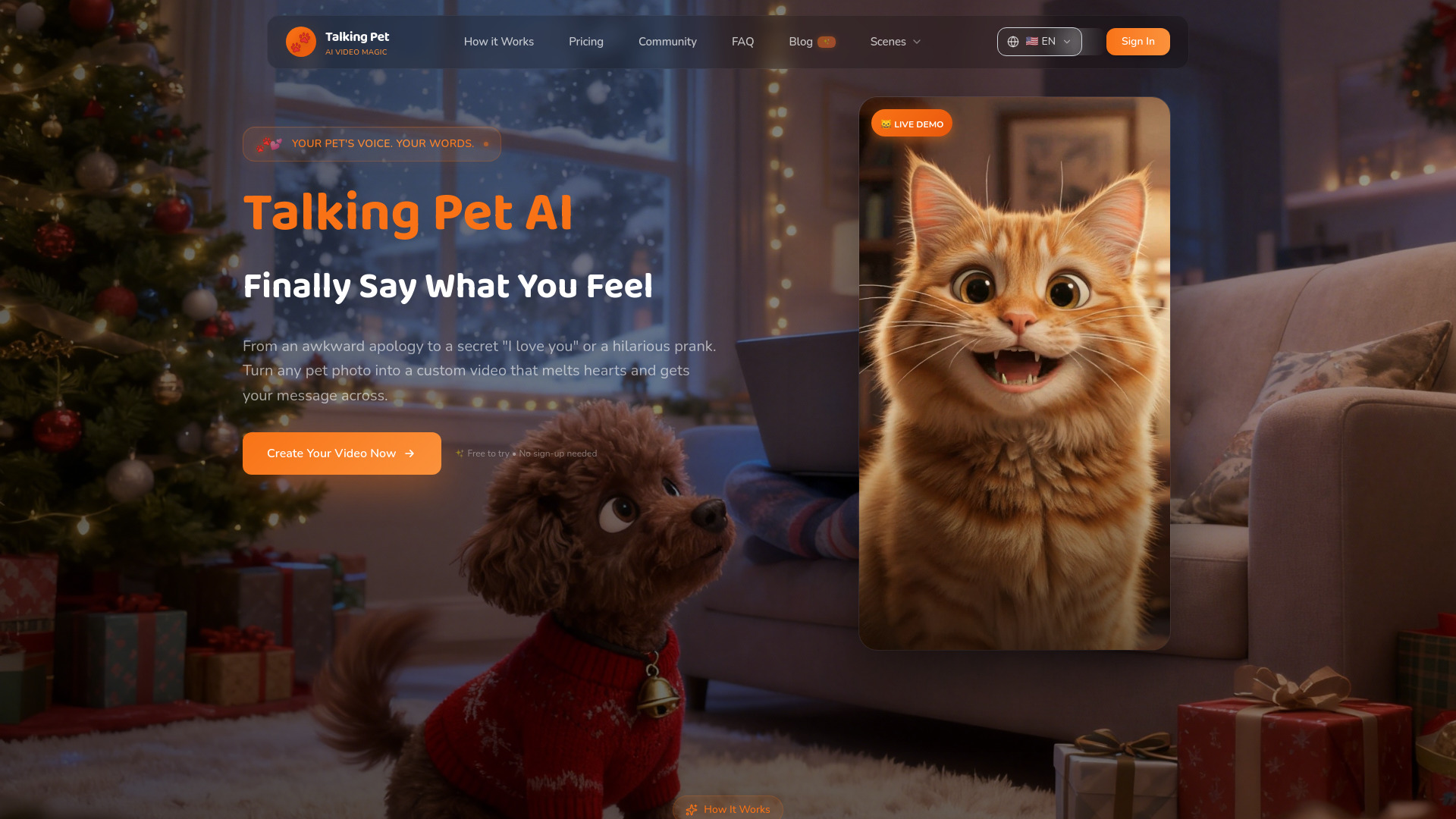 My Talking Pet: Can’t say “sorry,” “I love you,” or “thank you”? Let your pet do it.
Upload a pet photo, pick an emotion scene, and type one sentence—get a natural lip logo