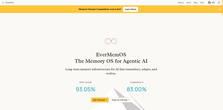Trending Evermemos: Infinite Memory. Persistent Identity. Evolving Intelligence.
Evermemos, Powered By Evermind, Is Entering Beta On The New Cloud Platform. The Memory Genesis Competition 2026 Officially Launches Alongside It. AI Tool Review