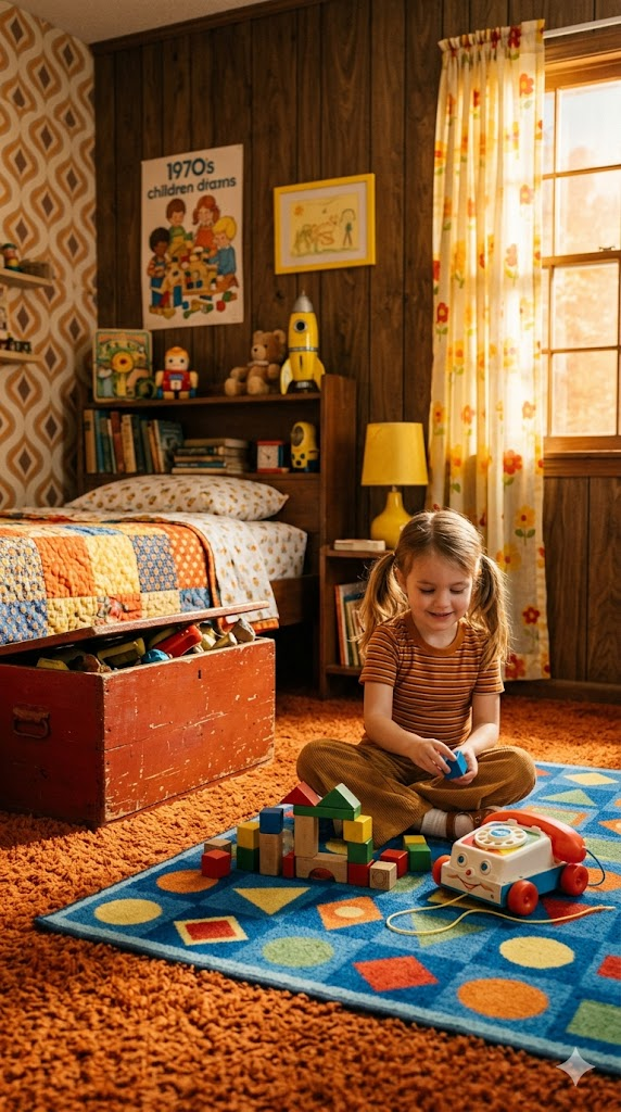 A warm nostalgic scene of a 1970s-style children's bedroom with primary color accents — a red toy chest, yellow curtains with flower patterns, a blue rug with geometric shapes. A child sits on the floor playing with wooden blocks and a vintage Fisher-Price telephone. The room has wood paneling on one wall and a shag carpet. Warm afternoon light streams through a window with sheer curtains. Lifestyle photography, 8k, hyper-realistic, warm amber tones, genuine nostalgia.