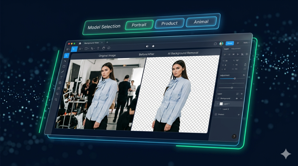 BGBye free AI background remover dashboard interface showing model selection options and instant background removal results