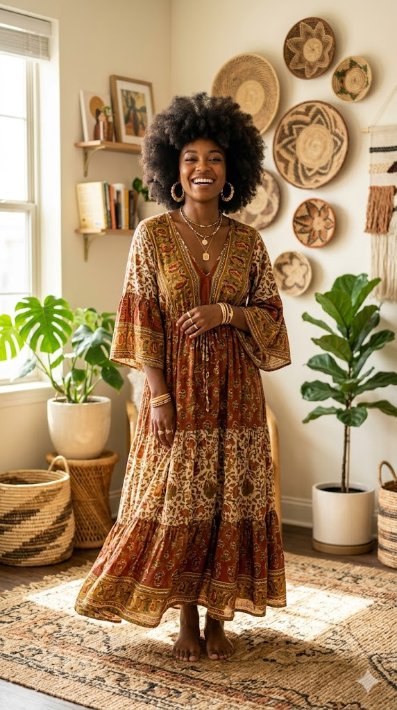 A radiant portrait of a Black woman with natural hair styled in a voluminous afro, wearing a flowing bohemian maxi dress with African print accents in earth tones. She stands in a sunlit room with woven baskets on the wall and natural fiber rugs. Gold hoop earrings and layered necklaces. Confident, joyful expression. Warm golden light, natural beauty, 8k, hyper-realistic, fashion editorial quality, celebration of natural textures and culture.