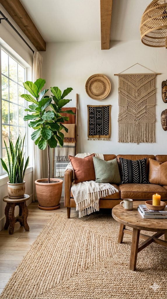 A warm and inviting living room with afro-bohemian style — a natural jute rug on light wood floors, mud cloth pillows in black and cream geometric patterns on a cognac leather sofa. Woven wall hangings and baskets in natural fibers on the white walls. Large potted plants — a fiddle leaf fig and a snake plant. Warm earth tones — terracotta, cream, caramel, and sage. Natural light from a large window. Interior design photography, 8k, hyper-detailed textile textures, architectural digest style.