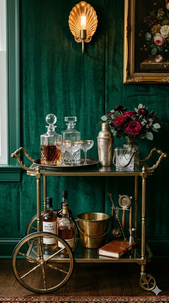 A beautifully styled antique brass bar cart against a deep emerald green velvet wall. The cart holds crystal decanters with amber and clear liquors, vintage coupe glasses, a silver cocktail shaker, and a small arrangement of dark red roses. Warm ambient lighting from a brass sconce above. Rich, moody tones, luxury interior photography, 8k, hyper-detailed glass and metal textures, architectural digest style.