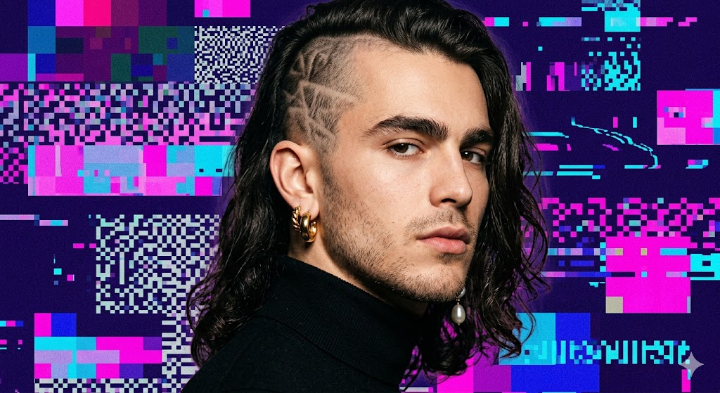 A bold male beauty portrait of a young man with an asymmetric haircut — shaved completely on the left side with geometric patterns buzzed in, long wavy dark hair on the right falling past his shoulder. He wears a mismatched earring set: a thick gold hoop on the left ear and a single pearl drop on the right. Strong bold eyebrows, light stubble. He wears a black turtleneck. Glitch-art digital background with pixelated color blocks in neon pink and electric blue. Cinematic lighting, 8k, hyper-realistic, fashion editorial quality.