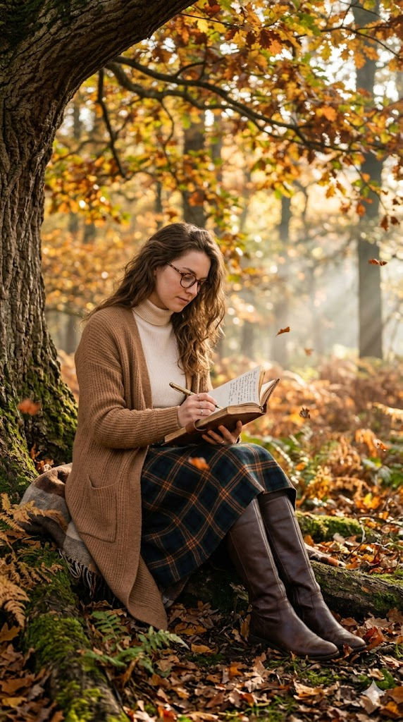 A serene portrait of a young woman in flowing layers — a long camel cardigan over a cream turtleneck, with a plaid skirt and knee-high boots. She wears vintage round tortoiseshell glasses. She sits under an ancient oak tree in autumn, with golden and crimson leaves falling around her. She holds a leather-bound journal and a fountain pen. Soft morning mist, dappled sunlight filtering through branches, peaceful and contemplative mood. 8k, hyper-realistic, warm autumn color palette, editorial photography.