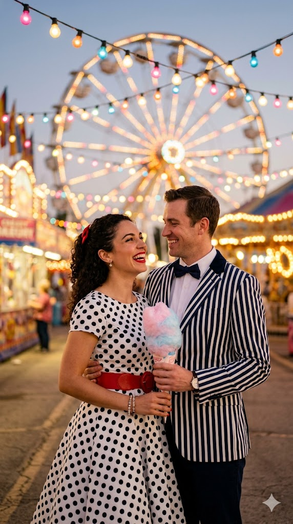 A romantic couple in coordinated circus-chic outfits — she wears a polka dot dress with a red belt and he wears a striped blazer with a bow tie. They stand in front of vintage carnival lights — strings of colorful bulbs in pink, yellow, and blue. Cotton candy colors in the background, a vintage ferris wheel slightly out of focus. Warm, playful lighting, joyful expressions, 8k, hyper-realistic, romantic and fun atmosphere, editorial photography.
