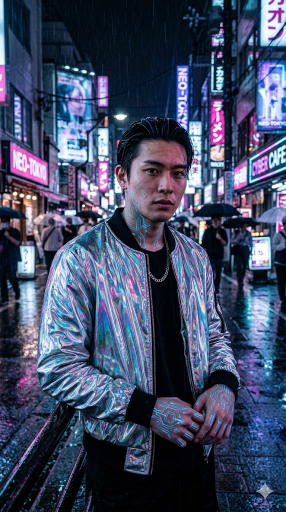 A hyper-realistic portrait of a young man in a chrome metallic bomber jacket with holographic reflections. His neck and hands have subtle glowing blue circuit-board tattoos that pulse with light. He stands on a rain-soaked cyberpunk street in Tokyo at night, with neon signs reflecting in the wet pavement — pink, cyan, and purple lights. His hair is slicked back with wet-look styling. He wears a single silver chain. Cinematic color grading, blade runner aesthetic, 8k, hyper-detailed, dramatic lighting.