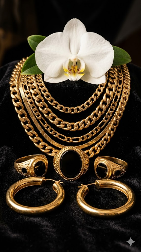 A luxury close-up editorial shot of layered chunky gold jewelry — multiple thick gold chains of varying lengths, oversized gold signet rings with black onyx stones, and large gold hoop earrings. The jewelry is arranged on black velvet with a single white orchid. Dramatic studio lighting with gold reflections. Macro photography, 8k, hyper-detailed metal texture, luxury jewelry campaign quality, shot for Vogue or Harper's Bazaar.