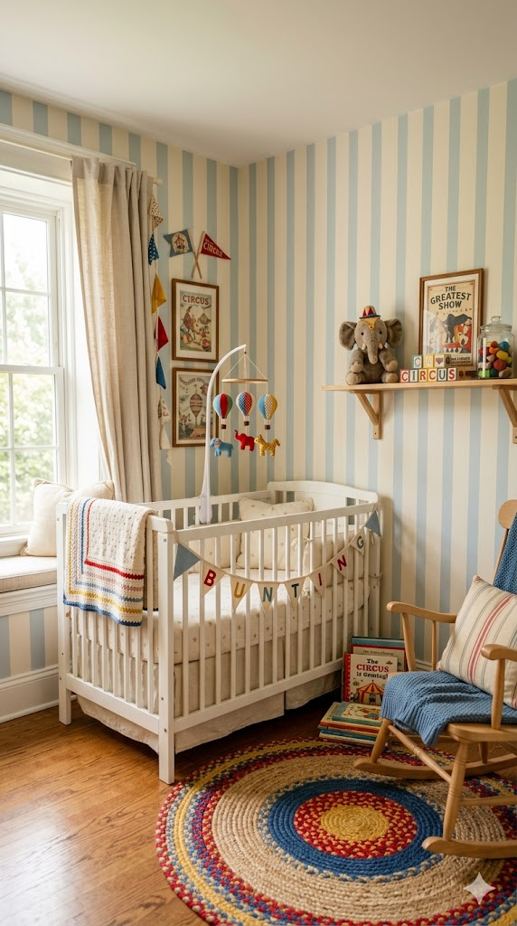 A charming vintage circus-themed nursery with striped wallpaper in soft cream and pale blue. A vintage toy elephant sits on a natural wood shelf. Primary color accents in red, yellow, and blue through cushions and a small rug. A white crib with a mobile of tiny hot air balloons. Natural light from a large window, soft and playful atmosphere. Interior design photography, 8k, hyper-detailed, warm and inviting, parenting magazine quality.