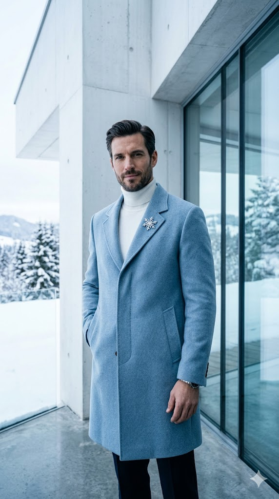 A sophisticated portrait of a man in a pale blue wool overcoat with a silver lapel pin shaped like a snowflake. He wears a white turtleneck underneath. The background is modern minimalist architecture — white concrete walls with clean geometric lines and large windows showing a snowy landscape. Cool-toned lighting with subtle blue shadows. Confident, relaxed pose. High-fashion editorial photography, 8k, hyper-realistic, premium and refined aesthetic.