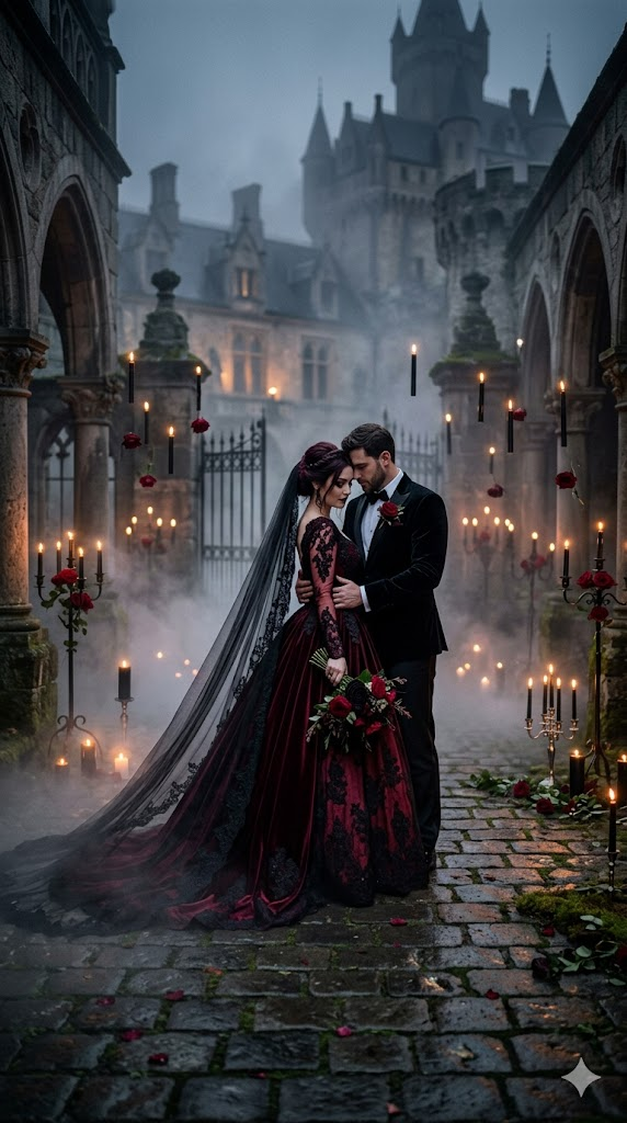 A romantic yet moody wedding portrait of a couple in a foggy palace courtyard at dusk. The bride wears a deep maroon velvet ballgown with black lace overlay and a long cathedral veil. The groom wears a black velvet tuxedo with a dark red rose boutonniere. They embrace in the center of a stone courtyard with gothic arches, surrounded by floating black candles and dark red roses. Dramatic shadows, fog, romantic candlelight, 8k, hyper-realistic, dark fairytale wedding photography.