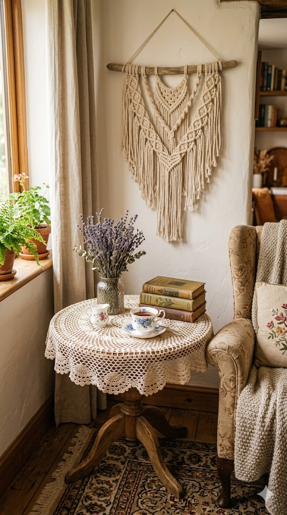 A cozy vintage-inspired living room corner featuring a cream crocheted doily on a round wooden side table. On the doily sits a vase of dried lavender, a vintage teacup, and a small stack of old books. A macrame wall hanging in natural cotton hangs on the white wall behind. Soft afternoon light from a nearby window. Warm, nostalgic, hygge atmosphere. Interior photography, 8k, hyper-detailed textile textures, cottagecore aesthetic.