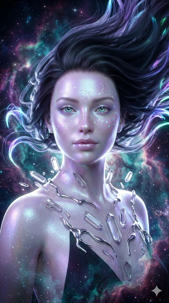 A breathtaking portrait of a futuristic woman with opalescent skin that shifts colors from pearl white to soft lavender to pale blue depending on the light. Her face has delicate holographic silver markings that look like constellations. She wears floating geometric body jewelry made of clear crystal and liquid mercury. Her hair is long and flows like it's underwater, with bioluminescent tips. Background is a swirling nebula with purple and teal cosmic clouds. Ethereal backlighting, rim light, hyper-realistic skin texture, 8k, cinematic, otherworldly beauty.