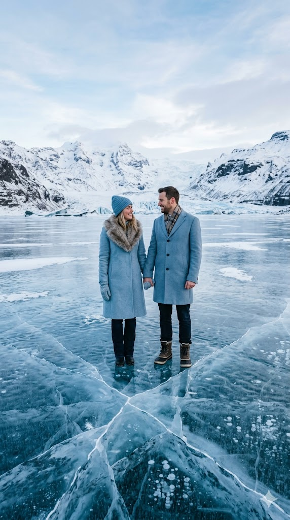 A romantic couple standing on a vast frozen lake surrounded by snow-covered Nordic mountains. Both wear matching glacier-blue outfits — her in a long wool coat with a fur collar, him in a tailored overcoat with a cashmere scarf. They hold hands, looking at each other. The ice beneath them is crystal clear with visible cracks creating geometric patterns. Soft winter sunlight, cool blue and white tones, 8k, hyper-realistic, cinematic wide shot, romantic and serene atmosphere.