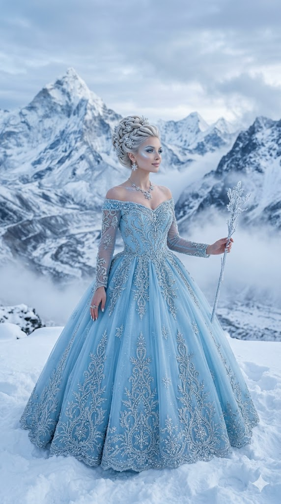 A breathtaking portrait of a woman in an ice-blue ballgown with intricate silver embroidery resembling frost patterns. Her makeup is frosty with pale blue eyeshadow, silver highlighter, and nude glossy lips. She stands in a snowy mountain landscape with snow-capped peaks and ethereal mist. Her hair is styled in an elegant updo with silver snowflake pins. Cool-toned lighting, soft blue and white color palette, 8k, hyper-realistic, winter queen aesthetic, editorial fashion photography.