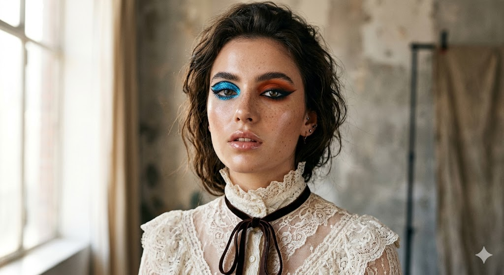 A high-fashion editorial portrait of a young woman with intentionally mismatched eye makeup — her left eye has neon blue glitter eyeshadow with sharp graphic liner, her right eye has burnt orange smokey shadow with smudged kohl. Glossy dewy skin, natural freckles, slightly parted lips with clear gloss. She wears a vintage lace Victorian blouse with a high collar. Raw studio background with soft diffused lighting. Shot on 85mm lens, shallow depth of field, fashion magazine quality, hyper-realistic skin texture, 8k resolution.