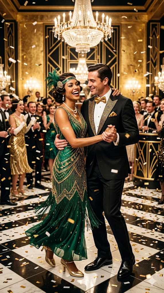 A glamorous couple at a Great Gatsby-style art deco party. The woman wears an emerald green flapper-style dress with intricate gold beading and a feathered headband. The man wears a black tuxedo with gold geometric patterns on the lapels and a gold bow tie. They dance in a grand ballroom with gold leaf walls, geometric black and white floors, and massive crystal chandeliers. Confetti falls around them. Warm golden lighting, joyful atmosphere, 8k, hyper-realistic, vintage party photography.