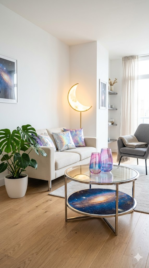 A modern minimalist living room styled with extra celestial holographic home accents — iridescent vases that shift from pink to blue, opalescent throw pillows with cosmic patterns, a chrome coffee table with a glass top showing a galaxy print underneath. Soft ambient lighting from a moon-shaped floor lamp. White walls, natural wood floors, one large monstera plant. Clean editorial interior photography, 8k, architectural digest style, warm and cool light balance.
