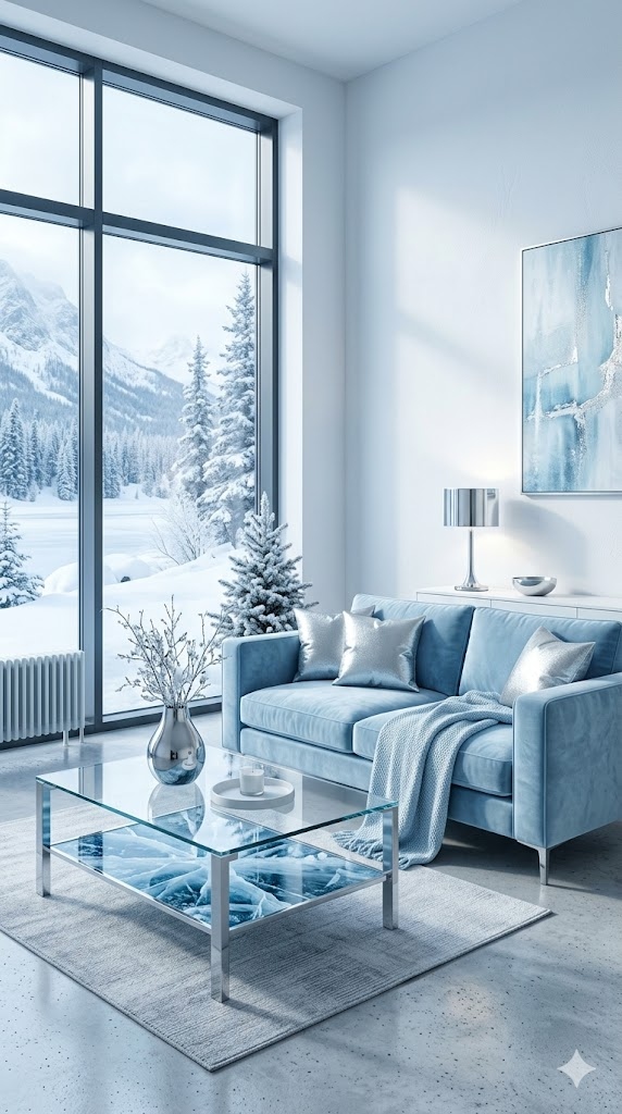 A modern minimalist living room with an icy blue color palette. A pale blue velvet sofa sits against a white wall. Silver accents through chrome vases, a glass coffee table with a frozen lake print underneath, and silver throw pillows. Large windows show a snowy landscape outside. Soft natural light creates cool blue shadows. Clean, serene, luxurious atmosphere. Interior design photography, 8k, hyper-detailed textures, architectural digest style.