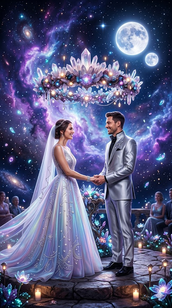 A stunning intergalactic wedding scene featuring a couple standing under a floating crystal altar. The bride wears an iridescent flowing gown that changes from pearl to soft blue to lavender as she moves, with star patterns embroidered in silver thread. The groom wears a sleek silver tuxedo with a high collar and subtle constellation pin on his lapel. They hold hands, looking at each other with love. Background is a cosmic landscape with twin moons, purple nebula clouds, and floating bioluminescent particles. Ethereal glow, romantic lighting, 8k, hyper-realistic, fantasy wedding photography.