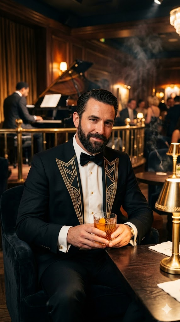 A sophisticated portrait of a man in a sharp black tuxedo with art deco-inspired lapels — geometric gold inlay patterns along the edges. He holds a vintage crystal cocktail glass with an amber drink. He sits in a dimly lit jazz club with brass accents, dark wood paneling, and a grand piano visible in the background. Warm amber lighting, smoke wisps in the air, intimate and luxurious atmosphere. Cinematic color grading, 8k, hyper-realistic, editorial photography.