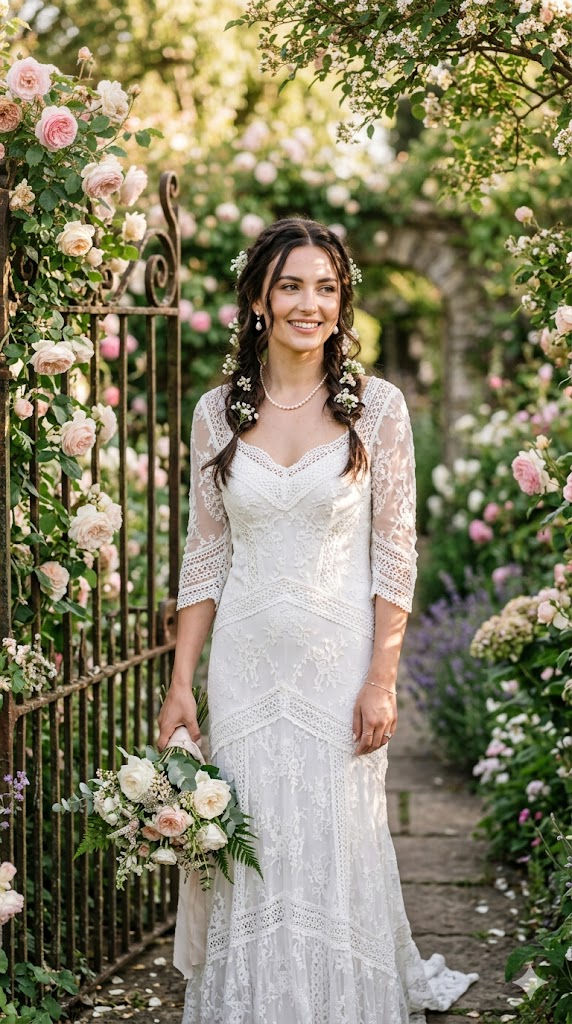 A romantic portrait of a woman in a white lace dress with intricate crochet borders and delicate floral lace patterns. She wears pearl drop earrings and a simple pearl necklace. She stands in a vintage English garden with climbing roses and a wrought iron gate. Soft natural light filters through the trees, creating dappled shadows. Her hair is styled in loose braids with small white flowers. 8k, hyper-realistic, ethereal and delicate atmosphere, bridal photography.