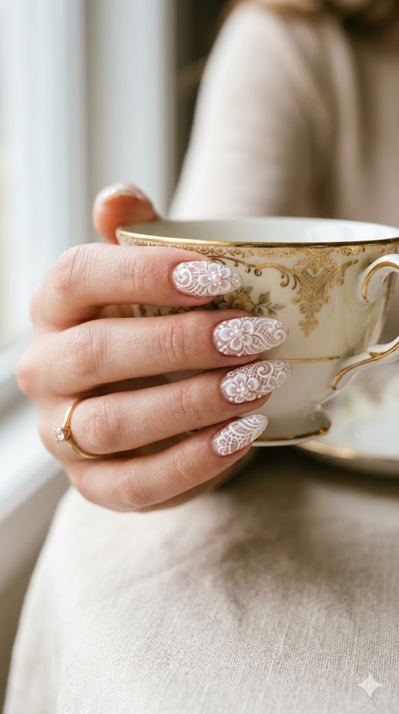 An extreme close-up beauty shot of a woman's hand showing intricate white lace-patterned nail art on almond-shaped nails. The design features delicate floral lace motifs with tiny pearl accents at the center of each flower. She holds a vintage porcelain teacup with gold trim. Soft natural window light, blurred cream linen background. Macro photography, 8k, hyper-detailed nail texture, editorial beauty photography, delicate and feminine.