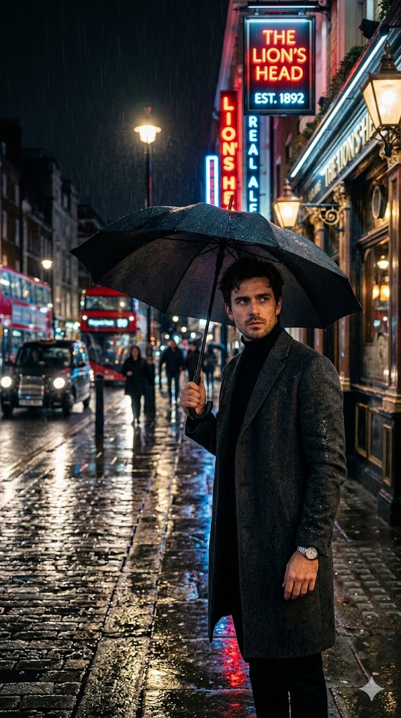 A cinematic portrait of a brooding man in a black cashmere turtleneck and a long charcoal wool overcoat. He stands on a rainy London street at night, with wet cobblestones reflecting neon signs from a nearby pub. His hair is slightly messy, and he has a light stubble. He holds a black umbrella. The scene is lit by warm street lamps and cool blue neon, creating a film noir atmosphere. Shot on anamorphic lens, cinematic color grading, 8k, hyper-realistic, moody and atmospheric.