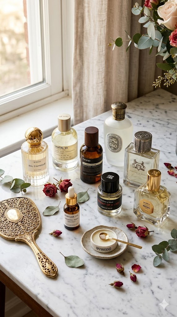 A luxurious beauty flat lay of a woman's perfume collection on a white marble vanity. Five to seven niche perfume bottles of varying shapes — some crystal, some frosted glass, some with gold caps. A glass dropper bottle of perfume oil, a small dish of solid perfume, and a vintage hand mirror. Dried roses and eucalyptus leaves scattered artfully. Soft natural window light, warm and cool tones balanced. Macro photography, 8k, hyper-detailed glass reflections, beauty editorial quality.