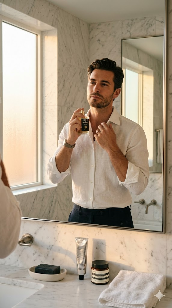 A sophisticated portrait of a man in a crisp white shirt with sleeves rolled to the forearm, applying cologne to his neck. He stands in a minimalist modern bathroom with white marble walls and a large mirror. Golden hour light streams through a frosted window. A few luxury grooming products sit on the marble counter. Clean, fresh, masculine atmosphere. Lifestyle photography, 8k, hyper-realistic, men's grooming editorial quality.