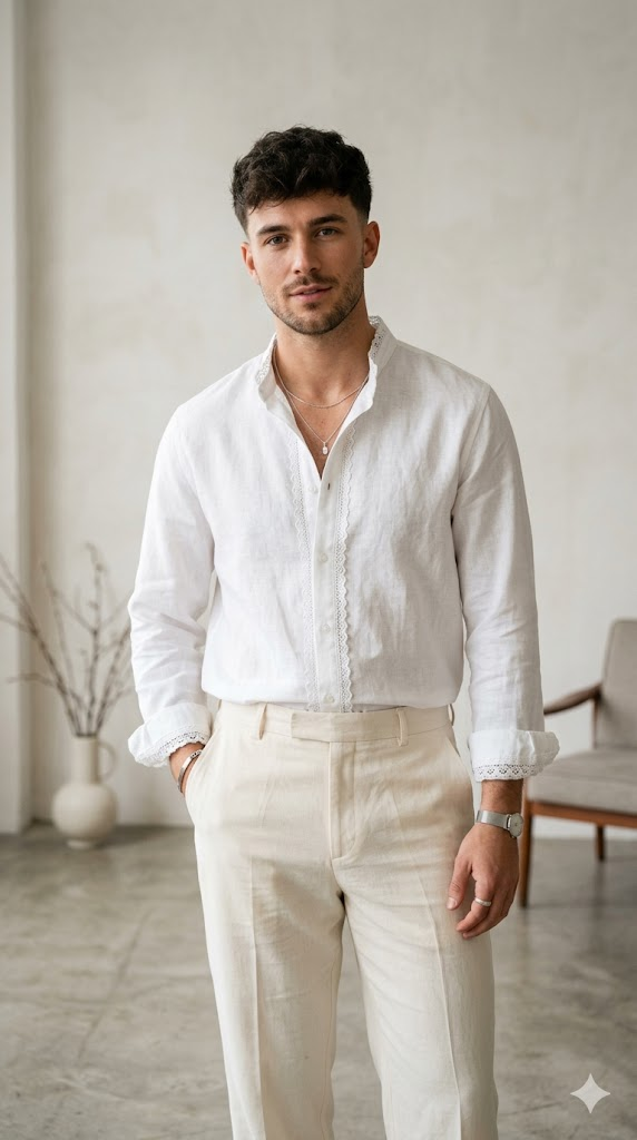 A bold fashion portrait of a man in a white linen shirt with delicate lace trim along the collar and cuffs. He wears tailored cream trousers and a thin silver chain. The background is a clean minimalist studio with soft diffused lighting. His hair is styled in a modern textured crop. Confident, relaxed pose. High-fashion editorial photography, 8k, hyper-realistic, breaking gender norms in fashion, fresh and edgy aesthetic.