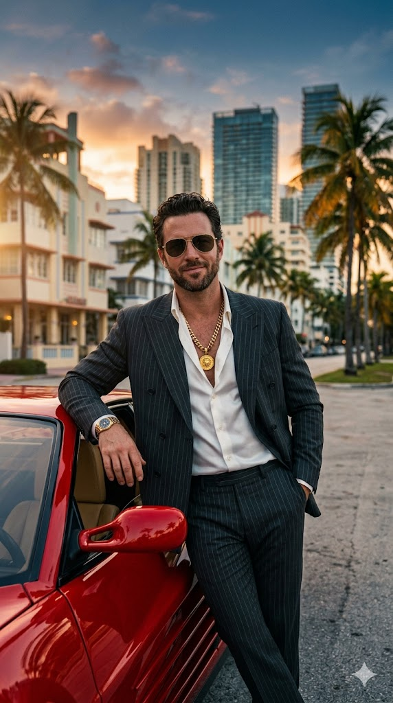 A cinematic portrait of a confident man in a double-breasted charcoal pinstripe suit with a white silk shirt unbuttoned at the collar, revealing a thick gold chain with a medallion. He wears aviator sunglasses with gold frames. He leans casually against a vintage red Ferrari Testarossa. Behind him is the Miami skyline at golden hour with palm trees and art deco buildings. Warm sunset lighting, lens flare, 1980s color grading, hyper-realistic, 8k, Scarface meets modern luxury aesthetic.