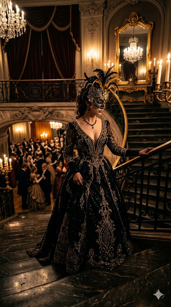 An opulent midnight masquerade scene featuring a mysterious woman in an ornate black and gold masquerade mask with intricate filigree details and feather accents. She wears a dramatic black gown with a plunging neckline and gold embroidery. She descends a grand marble staircase in a baroque palace, with golden candlelight illuminating the scene. Rich velvet drapes, gold mirrors, and crystal chandeliers in the background. Dramatic chiaroscuro lighting, 8k, hyper-realistic, luxurious and mysterious atmosphere.