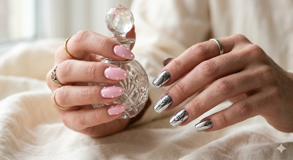 A close-up beauty shot of a woman's hands showing intentionally mismatched manicures — left hand has pastel pink almond-shaped nails with tiny pearl accents, right hand has chrome silver square nails with geometric black line art. She holds a vintage crystal perfume bottle. Soft natural window light, blurred cream linen background. Macro photography, 8k, hyper-detailed nail texture, editorial beauty photography.
