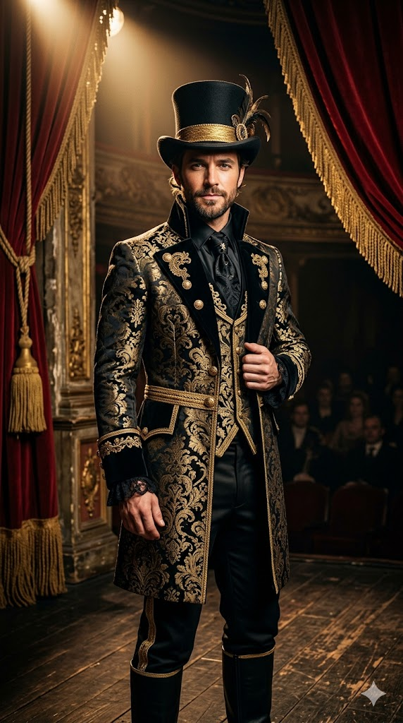 A dramatic portrait of a man in a modern ringmaster-inspired coat — black and gold brocade with intricate patterns, high collar, and gold buttons. He wears a tall black top hat with a gold band. He stands in a spotlight on a vintage theater stage with red velvet curtains and gold tassels. Dramatic theatrical lighting, strong shadows, confident pose. 8k, hyper-realistic, fashion editorial quality, circus-chic aesthetic.