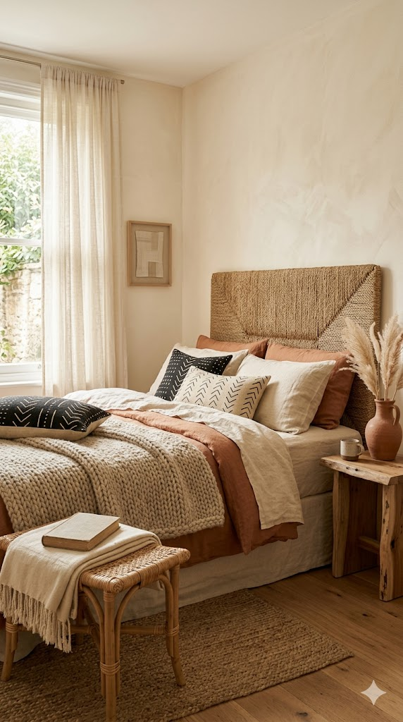 A serene bedroom with natural fiber textures — a woven seagrass headboard, linen bedding in warm cream and terracotta, a chunky knit throw in oatmeal. Mud cloth accent pillows and a small woven bench at the foot of the bed. A terracotta vase with dried pampas grass on a natural wood nightstand. Soft morning light through sheer linen curtains. Calm, grounded, organic atmosphere. Interior photography, 8k, hyper-detailed textures, spa-like serenity.