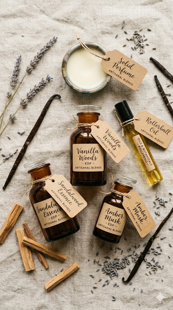 An artistic flat lay of perfume layering essentials — three glass bottles of different sizes arranged in a triangle, a small ceramic dish with solid perfume, a glass rollerball of perfume oil, and handwritten labels on kraft paper tags. Dried lavender sprigs, a vanilla bean pod, and a few sandalwood chips scattered around. Shot on a linen background with soft natural light. Warm, inviting, artisanal atmosphere. Still life photography, 8k, hyper-detailed, beauty editorial quality.