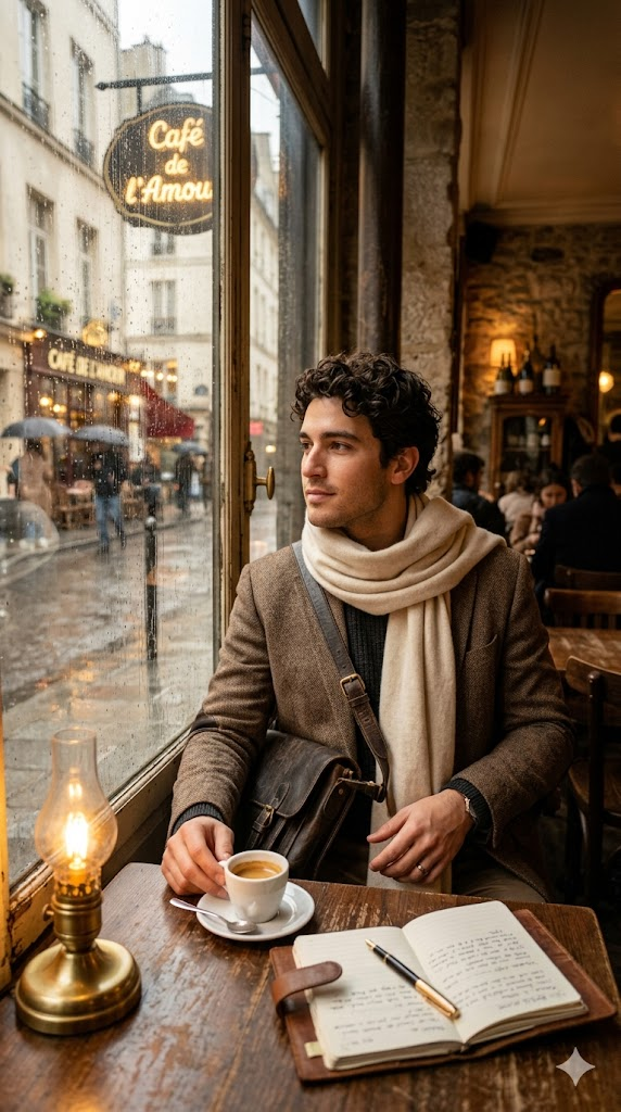 A romantic portrait of a young man in a tweed blazer with elbow patches, an oversized cream cashmere scarf wrapped loosely around his neck, and a worn leather satchel slung across his body. He sits by a rain-streaked window in a vintage Parisian coffee house, with warm ambient light from a brass lamp on his table. A leather-bound journal and a cup of espresso sit before him. Outside, the Paris street is wet and glistening. Soft focus background, warm tones, intellectual aesthetic, 8k, hyper-realistic, editorial photography.