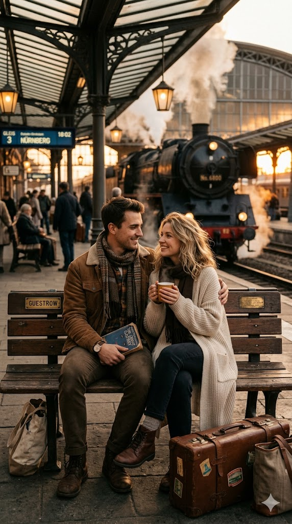 A nostalgic romantic portrait of a couple sitting together on a vintage European train platform. He wears a corduroy jacket with a wool scarf, holding a well-worn copy of a classic novel. She wears a long oversized cardigan and holds a cup of tea. They sit on a wooden bench with vintage leather suitcases beside them. A steam train is visible in the background. Golden hour light, warm amber tones, soft focus background, 8k, hyper-realistic, wistful and romantic atmosphere, editorial photography.
