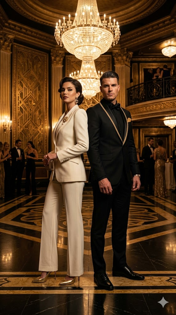 A striking portrait of a power couple in matching tailored suits. The woman wears an ivory blazer with a gold brooch at the lapel, wide-leg trousers, and gold stiletto heels. The man wears a black tuxedo with gold trim on the lapels and a gold pocket square. They stand back-to-back in a grand art deco ballroom with crystal chandeliers, gold leaf walls, and marble floors. Dramatic lighting, strong shadows, opulent atmosphere, 8k, fashion editorial quality, hyper-realistic.