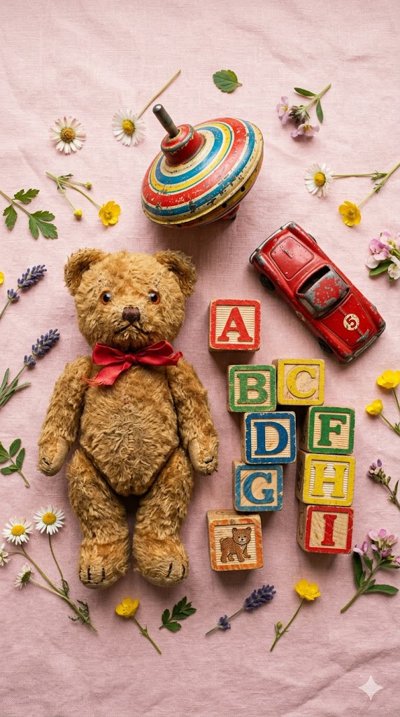 A nostalgic flat lay of vintage toys on a pastel pink background — a wooden block set with alphabet letters, a retro brown teddy bear with a red bow, a small red toy car, and a vintage spinning top. Arranged artfully with small wildflowers scattered around. Soft natural light, warm tones, macro photography, 8k, hyper-detailed textures, still life editorial quality, childhood nostalgia aesthetic.